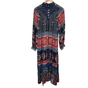 Farm Rio For Anthropologie Womens Long Sleeve Crochet Maxi Dress Size Large